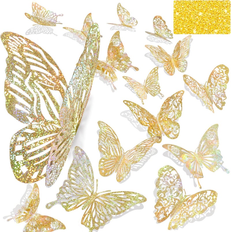 DELEMI 60 Pcs 3D Iridescent Gold Butterfly Decorations,Sequined Gold Room Decor with Set 5 Style Decorative Paper Butterfly for Party Birthday Shower Decorations Wedding Decor DIY Gift((Sequined Gold) - Image 1